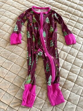 Little Sleepies Maroon Footed Zippy Barbie Car Pink Trim & Holiday Tree Print